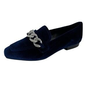 Steve Madden Loafer Rilynn‎ Velvet Blue Rhinestone Silver Chain Women’s 7.5 M